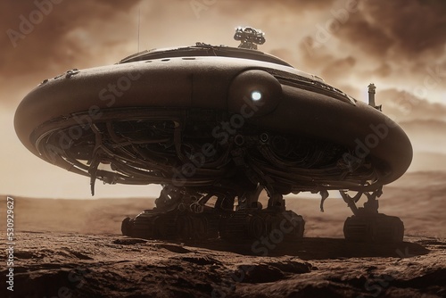 Fotobehang SCI-FI in the desert with a oval-shaped spaceship (alien) landed on the mars sur