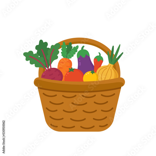 A basket of vegetables is isolated on a white background. Harvesting vegetables. Flat cartoon vector illustration. Elements for the autumn farmer's market. The concept of the vegetarian food market.