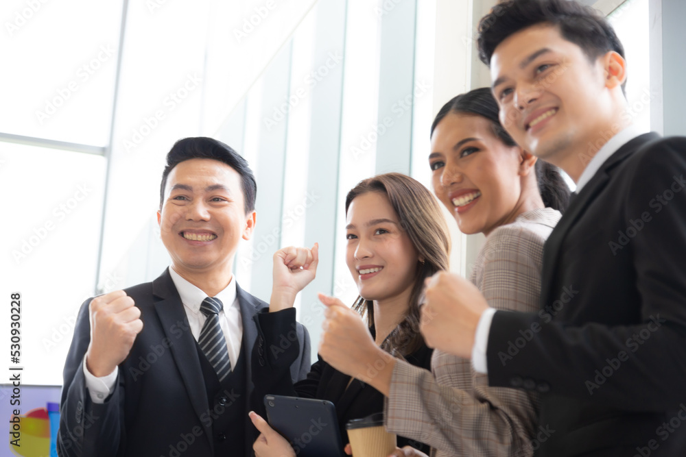 Business leaders with employees group showing hands up looking at camera, happy professional multicultural office team people recommend best corporate service, proud or good career, human resource Business leaders with employees group showing hands up looking at camera, happy professional multicultural office team people recommend best corporate service, proud or good career, human resource