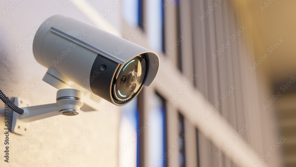CCTV camera installed on wall of the building. Scan the area for surveillance purposes. Can be used background in security work. 3D Render CCTV camera installed on wall of the building. Scan the area for surveillance purposes. Can be used background in security work. 3D Render