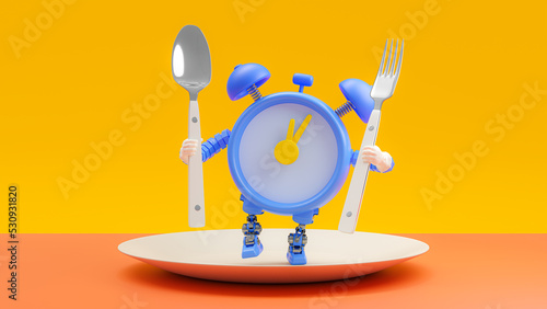 Blue alarm clock robot holding spoon and fork standing on cream color plate. white clock hands pointing to time five minutes noon. Time for lunch or snack idea concept  3D Render.