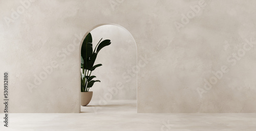 Empty white room with arch door plastered wall in Balinese style. Decor with palm plants in pot. Perspective of minimal design. Illustration
