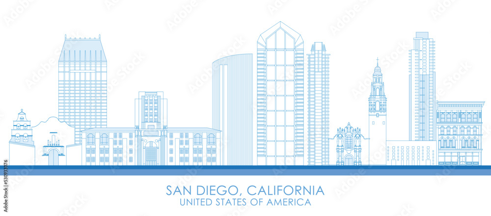 Outline Skyline panorama of San Diego, California, United States - vector illustration