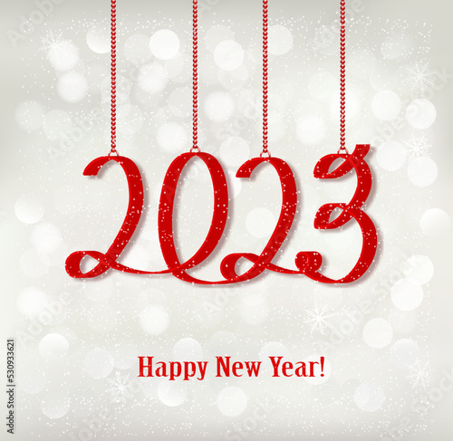 2023 New Year holiday background with  red ribbons. Vector.