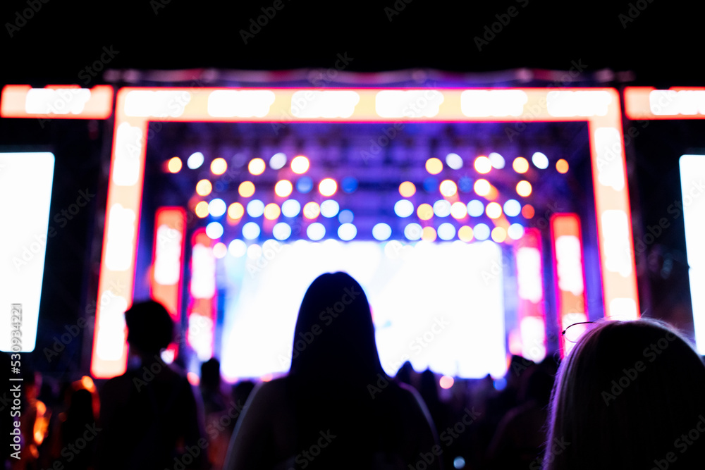 Shot of a woman from behind in front of the festival stage, during concert show on summer music festival. Youth and celebration concept.