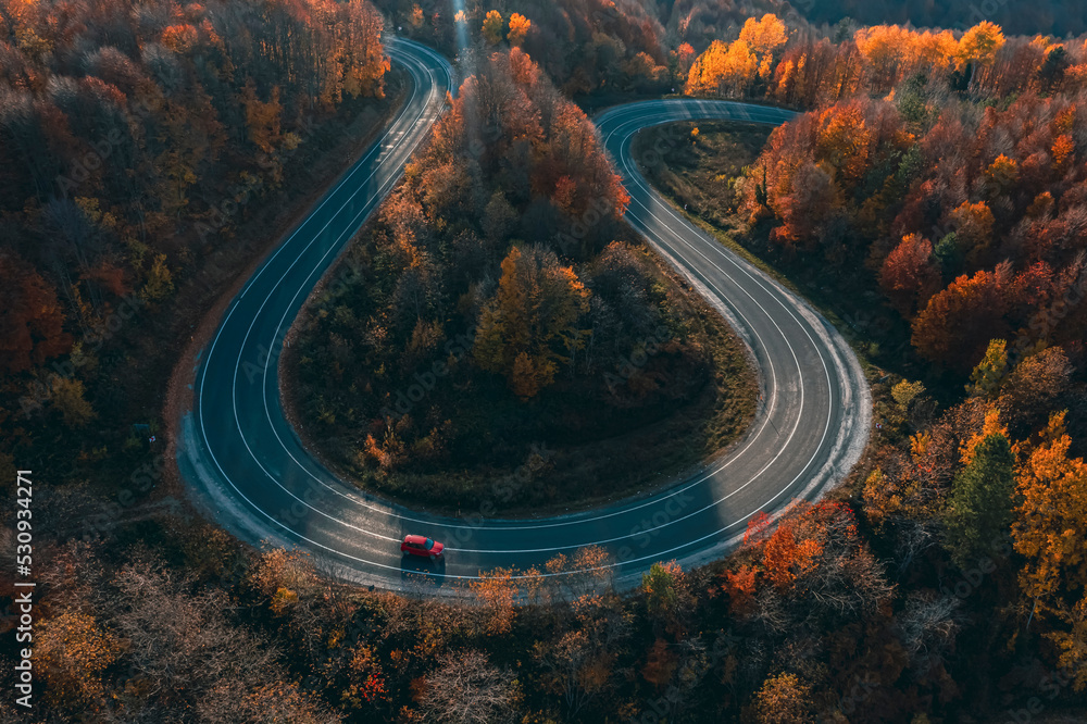custom made wallpaper toronto digitalaerial photography of curved road on autumn, beautiful curved pass with vehicles and colorful autumn nature colors on trees with sunset light