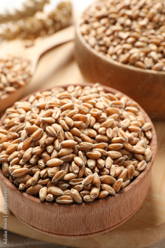 Wheat grains in bowls on wooden board, closeup Wheat grains in bowls on wooden board, closeup
