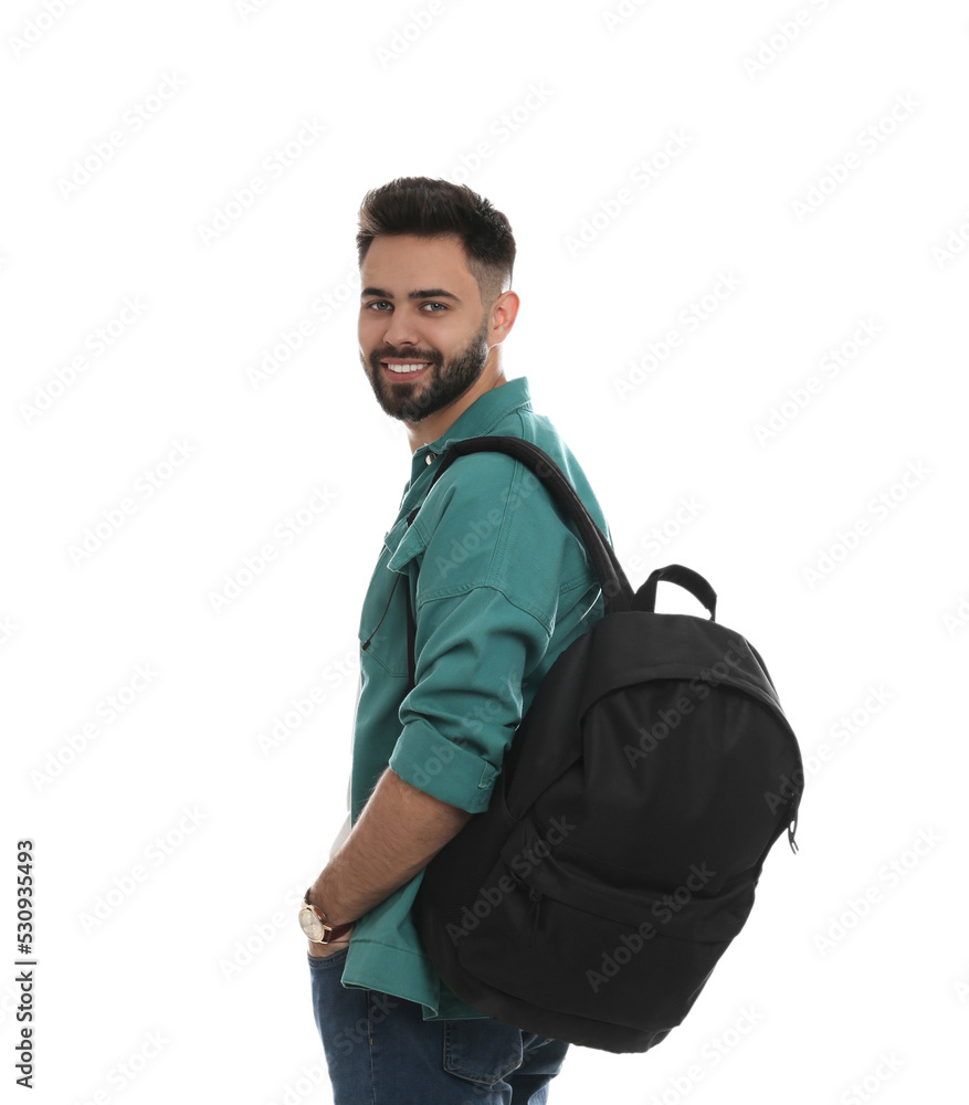 Young man with stylish backpack on white background Young man with stylish backpack on white background