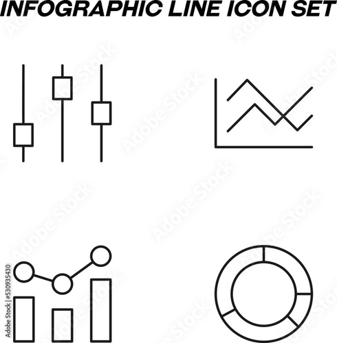Simple monochrome signs drawn with black thin line. Vector line icon set with symbols of sound bar  progress diagram  development  data  pie chart