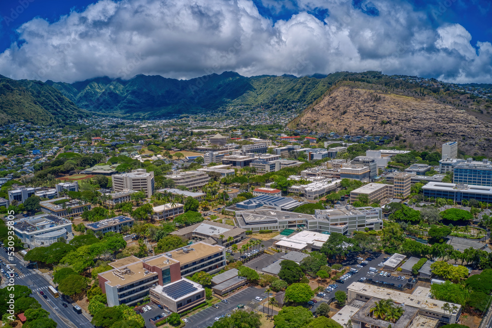 Aerial View of a large Public University in Honolulu, Hawaii