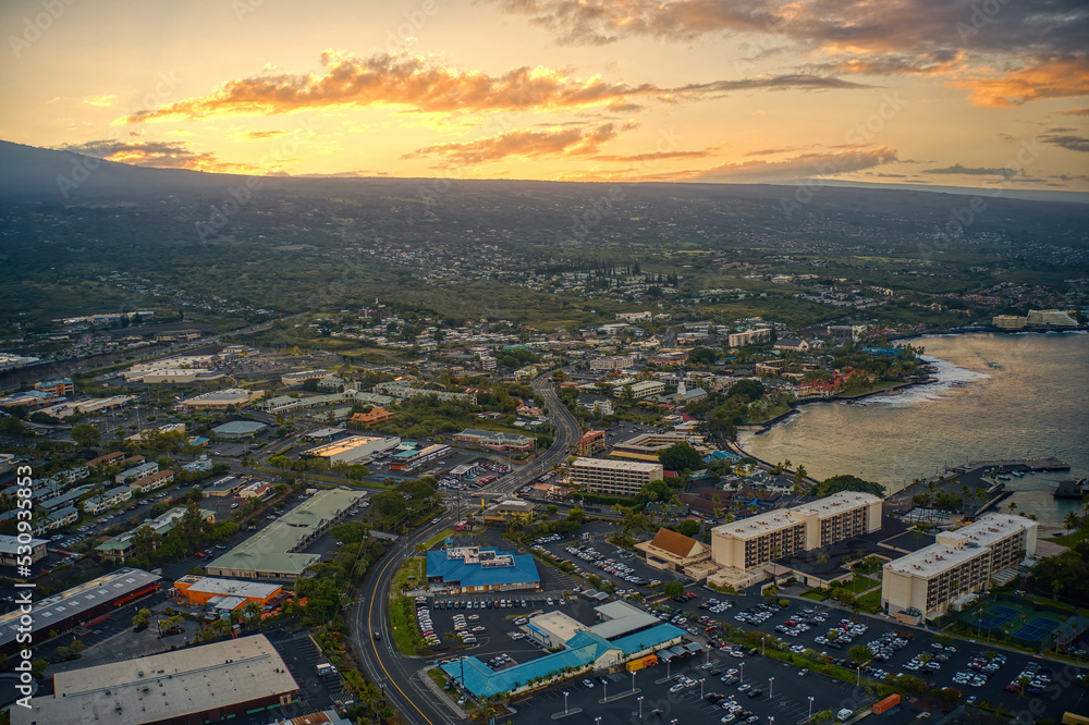 Aerial View of Downtown Kailua Kona at Sunrise on the Big Island of Hawaii