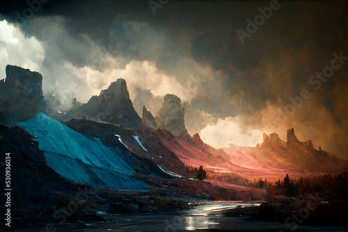 Photo Beautiful Countryside River Mountainside Sunset Digital Acrylic Art Painting