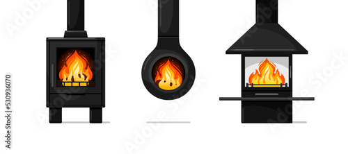 Fireplaces, stoves with fire. Wood burning, pellet, gas, multi fuel burners. Heating in urban interior design. Set of vector flat illustrations isolated on white background
