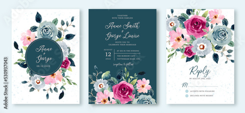 wedding invitation set with elegant blue pink floral watercolor