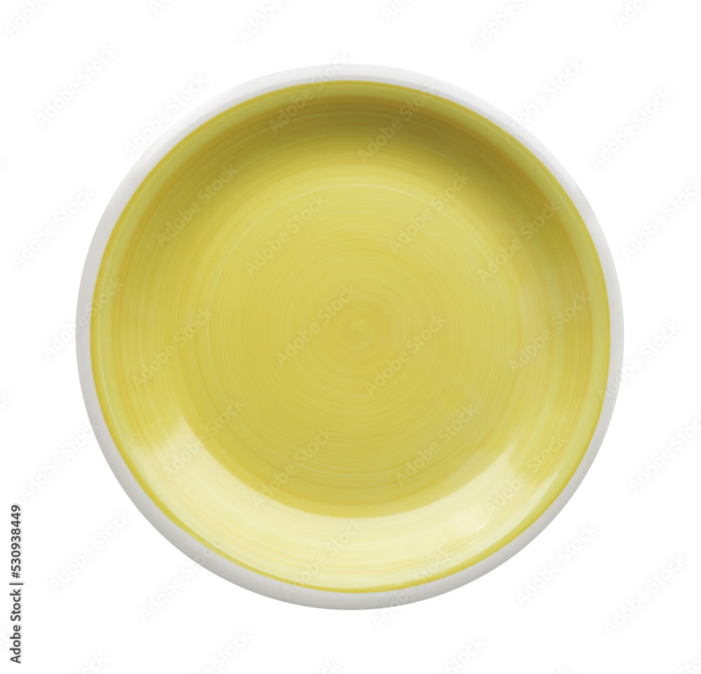 Empty yellow plate in isolated on white background. Shallow dining plate with thin white rim and front view, from above. Empty yellow plate in isolated on white background. Shallow dining plate with thin white rim and front view, from above.