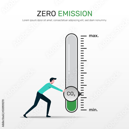 Zero emission concept. A Man turning gauge arrow pointer to lowest level of CO2. New energy to decarbonize industry, energy and transportation