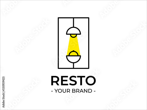 logo design for a restaurant with a light above that shines yellow, and below there is a table shape and a dish cover on top, suitable as a design reference