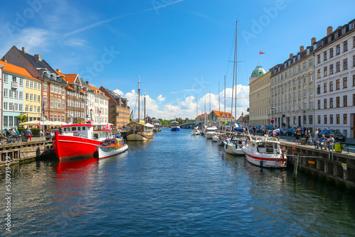Copenhagen  Denmark - July 10  2018  The colourful boats and buildings of the Nyhavn district of Copenhagen 