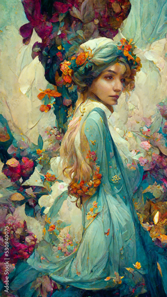 Fototapeta premium Painting of a beautiful woman with colorful florals 
