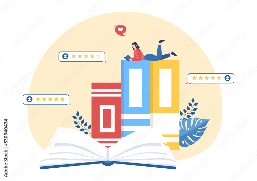 Obraz premium Book Review Template Hand Drawn Cartoon Flat Illustration with Reader Feedback for Analysis, Rating, Satisfaction and Comments About Publications