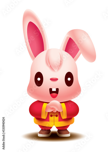 Happy Chinese New Year 2023. Cartoon cute rabbit wearing traditional chinese costume with greeting hand gesture. Year of the rabbit. Bunny character © charactoon