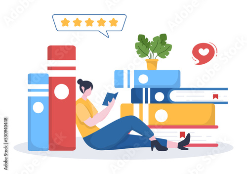 Book Review Template Hand Drawn Cartoon Flat Illustration with Reader Feedback for Analysis, Rating, Satisfaction and Comments About Publications