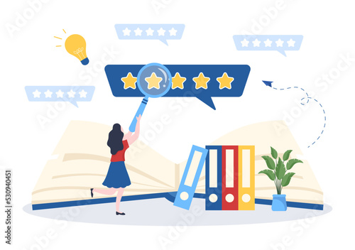 Book Review Template Hand Drawn Cartoon Flat Illustration with Reader Feedback for Analysis, Rating, Satisfaction and Comments About Publications
