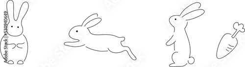 3匹のうさぎとにんじんの線画イラストセット　線のみ、塗りなし