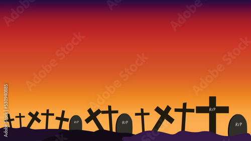 christian graveyard cross tomb halloween background with red sky gradien purple red orange shilhouette catacomb backdrop