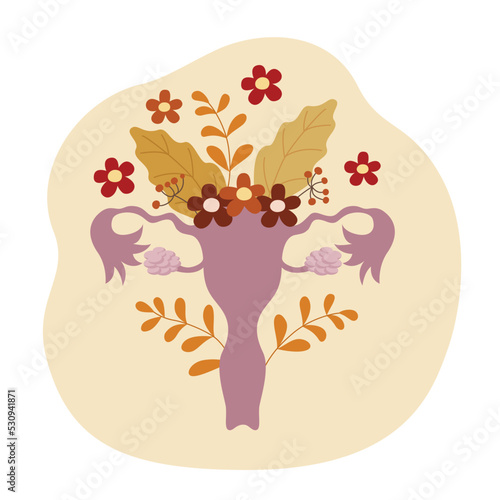 Concept World Menopause Day. Uterus with flowers and leaves. Pause sign inside the female organ. Vector.