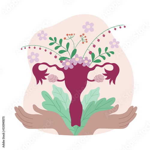 Concept World Menopause Day. Uterus with flowers and leaves. Pause sign inside the female organ. Vector.