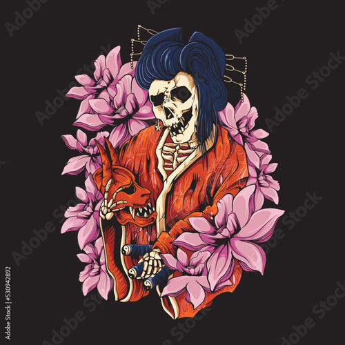 illustration of geisha with japanese flowers