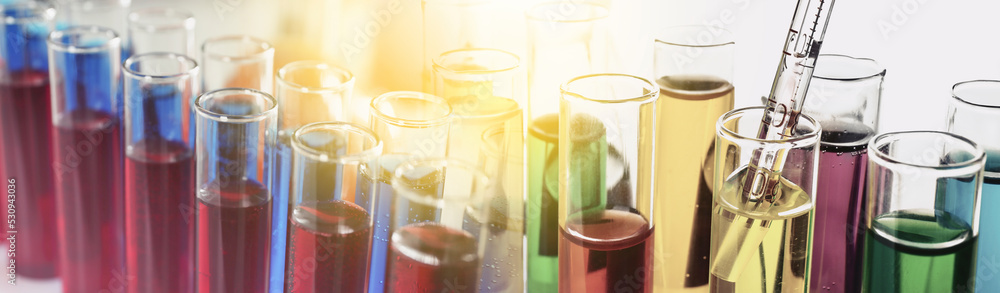 Collage with many laboratory test tubes, closeup Collage with many laboratory test tubes, closeup