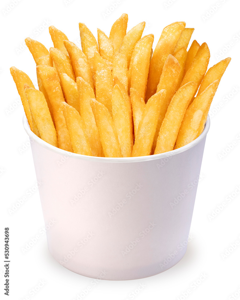 French fries in paper bucket isolated on white background, French fries on white With clipping path. French fries in paper bucket isolated on white background, French fries on white With clipping path.