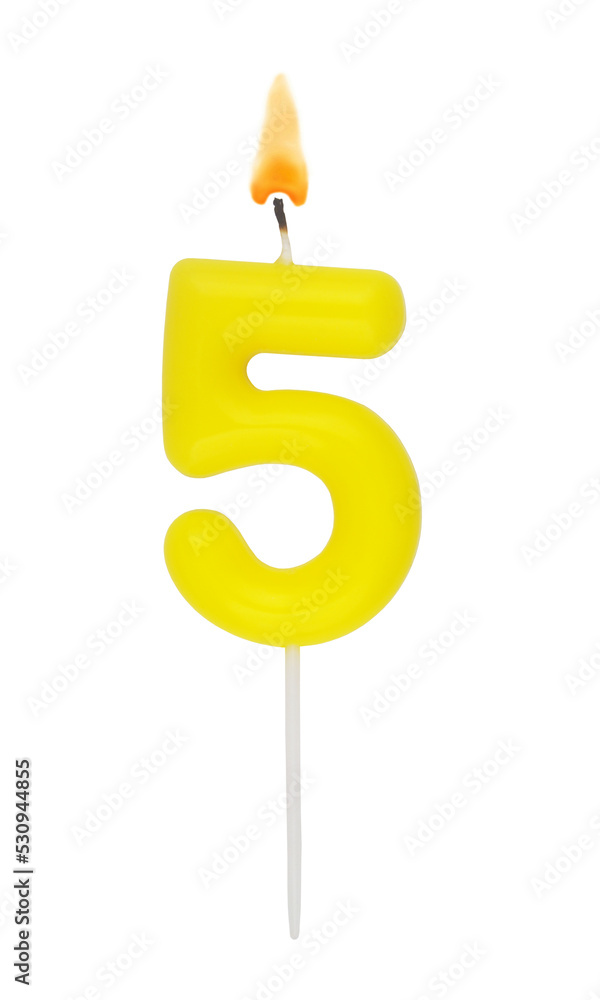 Burning yellow birthday candle isolated on white background, number 5