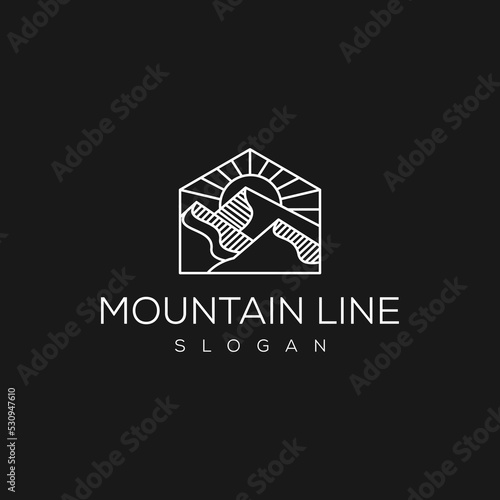 Mountain landscape geometric logo with sun. Sunset or sunrise rectangular abstract icon.