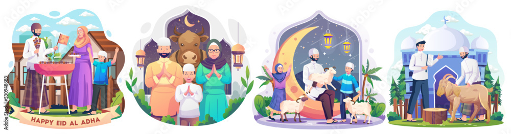 Set of Happy Muslim family celebrates Eid Al Adha Mubarak with a goat in a front mosque. Flat style vector illustration Set of Happy Muslim family celebrates Eid Al Adha Mubarak with a goat in a front mosque. Flat style vector illustration