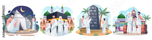 Set of Muslim couple is doing Islamic hajj pilgrimage to kabah. Flat style vector illustration