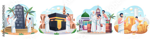 Set of Muslim couple is doing Islamic hajj pilgrimage to kabah. Flat style vector illustration photo