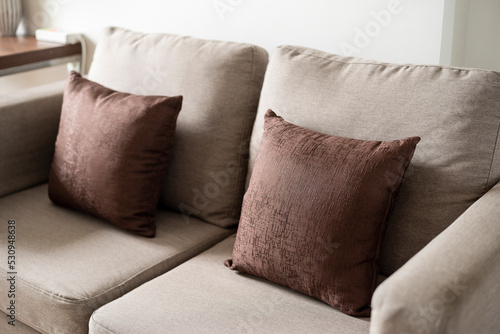 Close up brown pillows on sofa in the room 