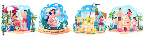 Set of Summer concept with People enjoying holidays during summer. Happy people playing on the beach. Flat style vector illustration
