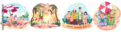 Set of Summer concept with People enjoying holidays on the beach during summer. Happy people playing on the beach. Flat style vector illustration
