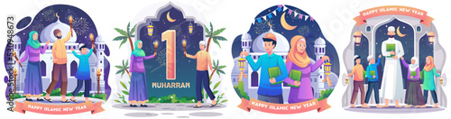 Set of Muslim family celebrating Islamic new year with torches festival. Flat style vector illustration