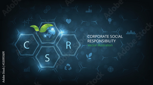 Concept of CSR on dark blue background.Corporate social responsibility and giving back to the community on blue background.modern business concept.