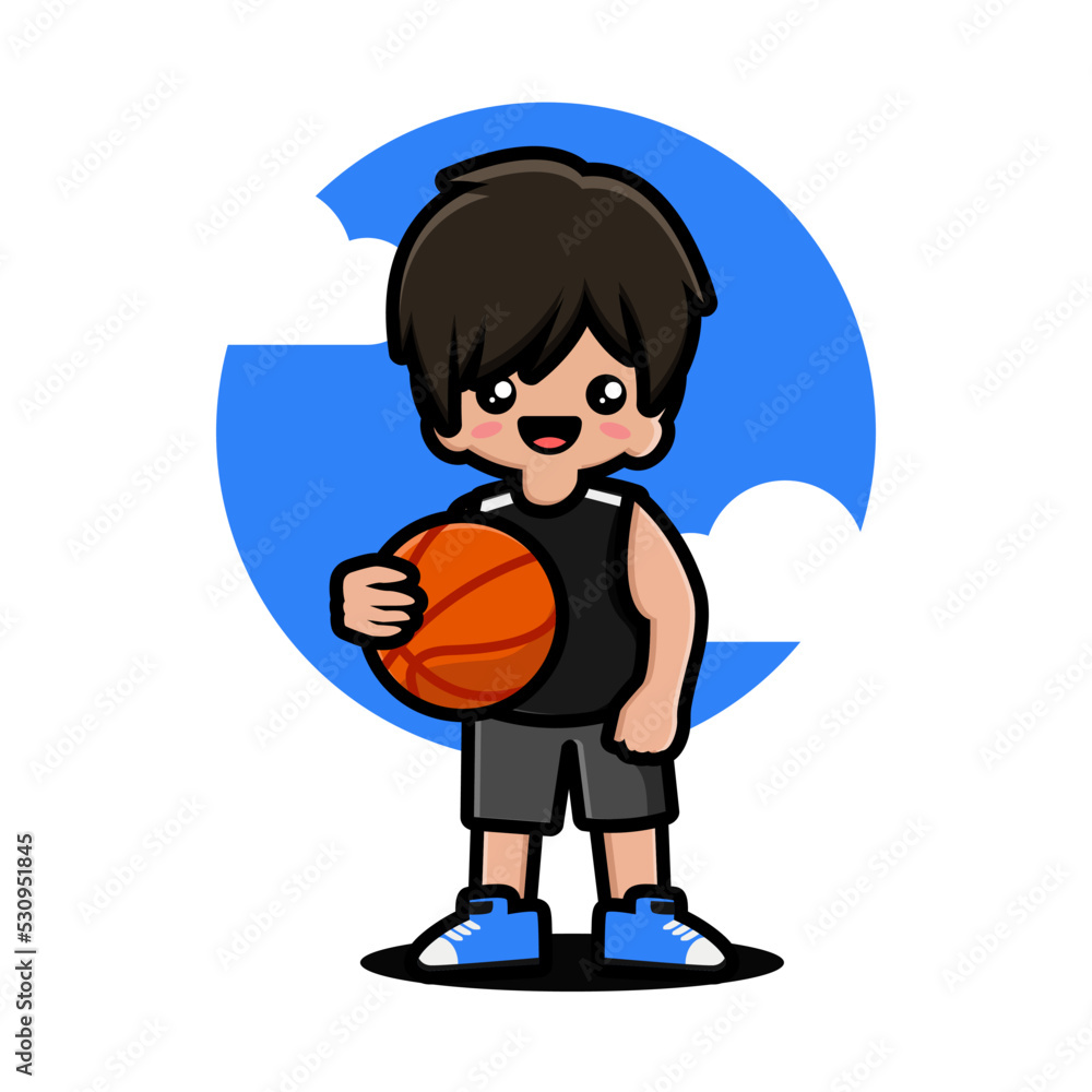 Happy cute boy playing basketball