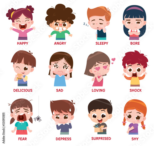 Vector illustration of Cartoon emotions children, Variety kids face expressions © sararoom