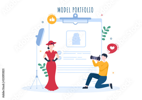 Model Portfolio Template Hand Drawn Cartoon Flat Illustration with Modeling Agency Manager and Photographer take Photos of Model in Platform Design