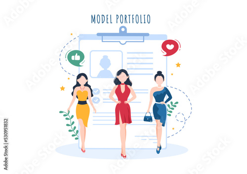Model Portfolio Template Hand Drawn Cartoon Flat Illustration with Modeling Agency Manager and Photographer take Photos of Model in Platform Design