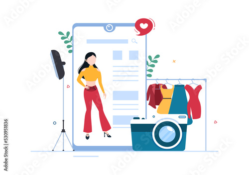 Model Portfolio Template Hand Drawn Cartoon Flat Illustration with Modeling Agency Manager and Photographer take Photos of Model in Platform Design