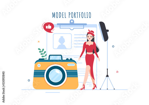 Model Portfolio Template Hand Drawn Cartoon Flat Illustration with Modeling Agency Manager and Photographer take Photos of Model in Platform Design